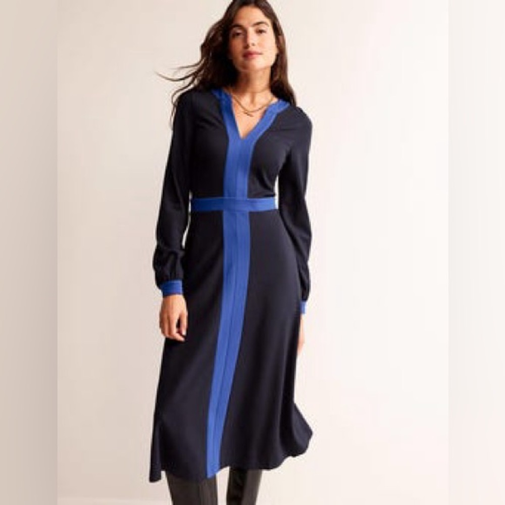 Boden Navy Long Sleeve Dress with Royal Blue Trim